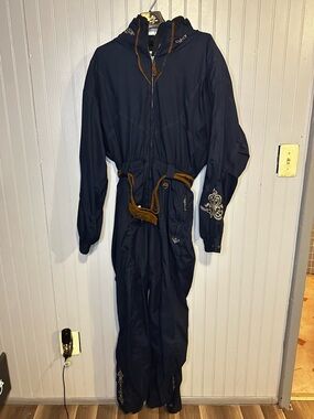 Vintage Obermeyer Ski Suit Womens 16 Navy One Piece Snowsuit Embroidered Retro